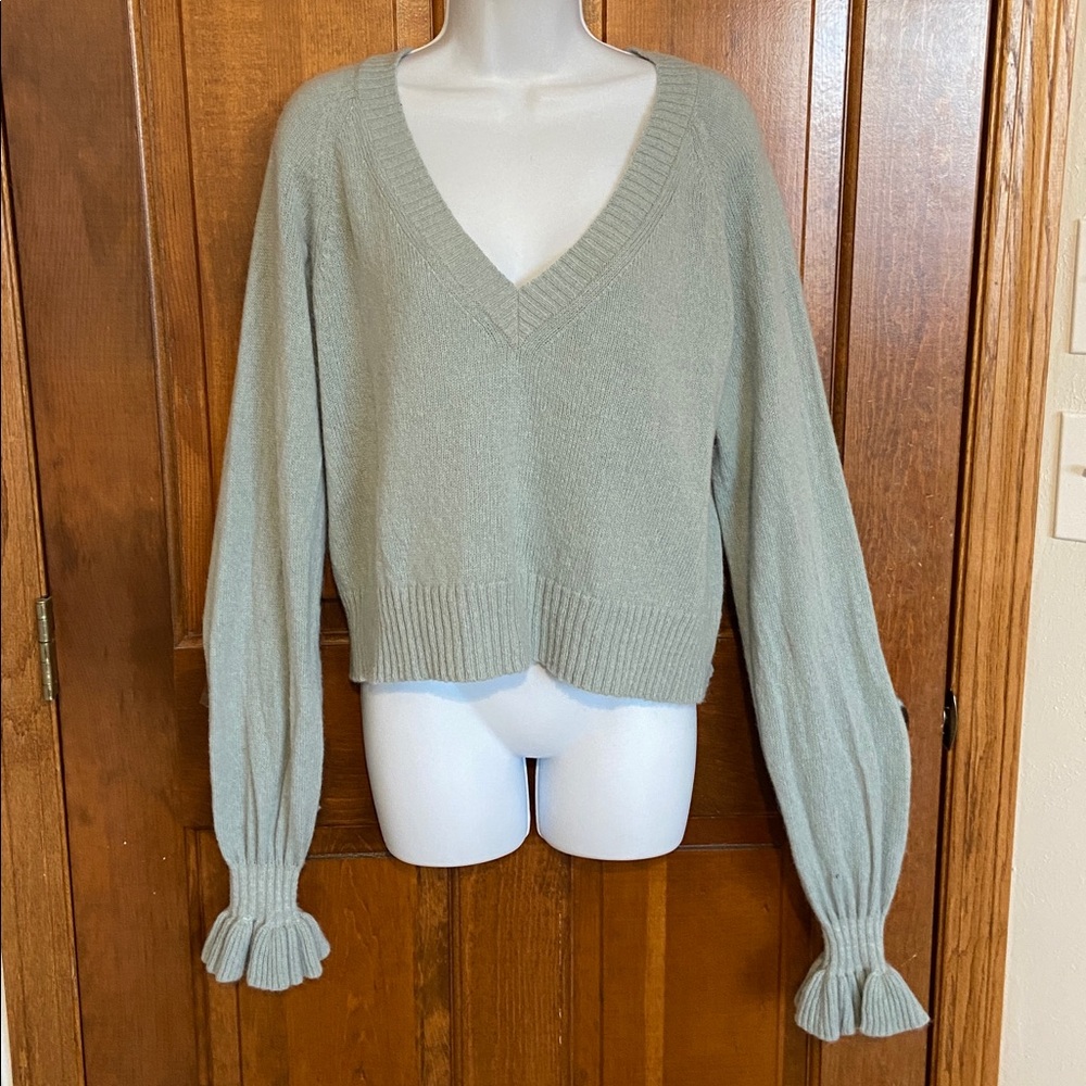 Odd Molly V Neck Baby Alpaca Soft Green with ruffle cuffs Designer Large (3)